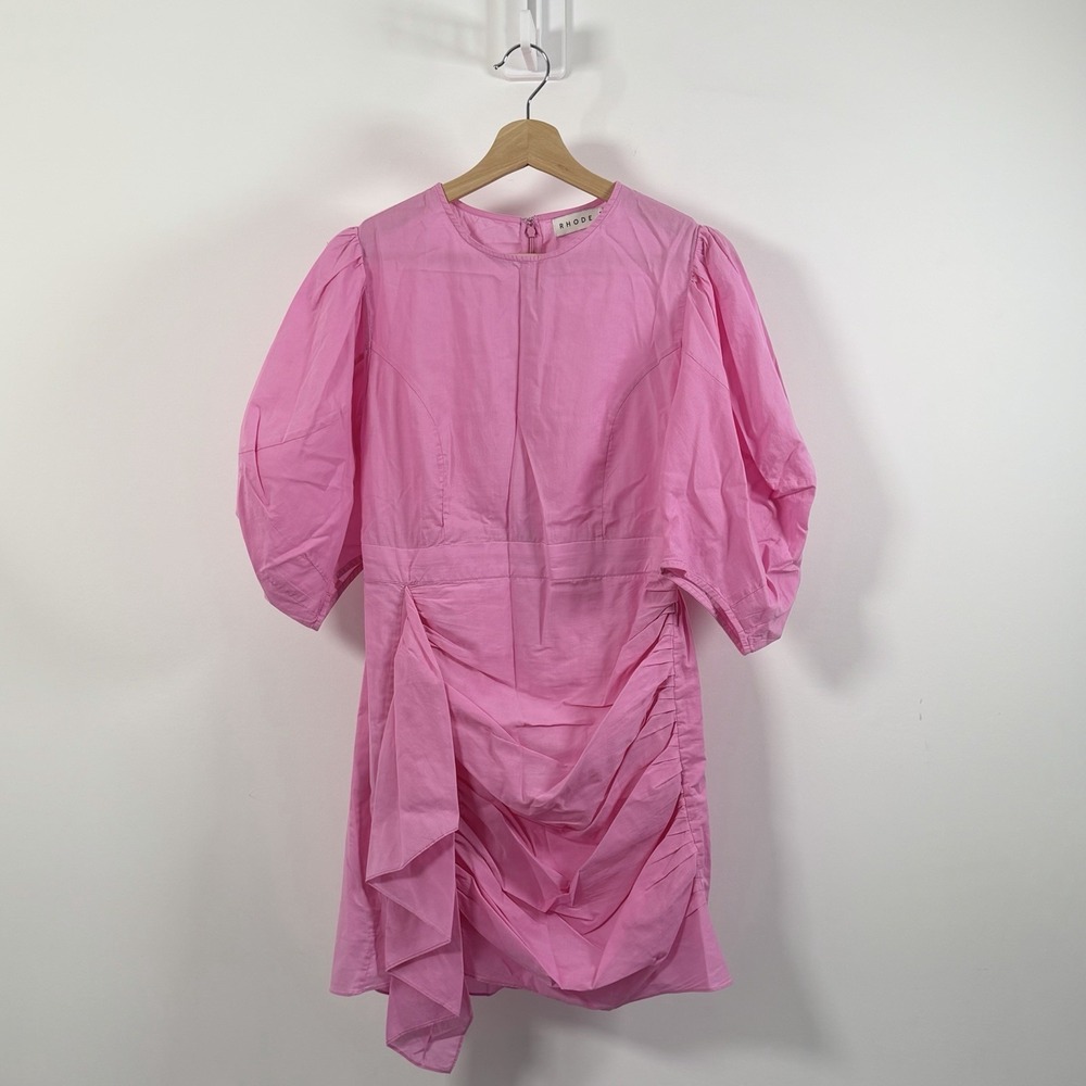 RHODE Pia Mini Dress Womens 4 Pink Ruched Puff Sleeve Ruffle Organic Cotton